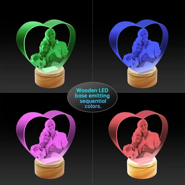 A collage of the YiYues 3D Heart Crystal Lamp demonstrating the multi-color wooden LED base glowing in green, blue, pink, and red.