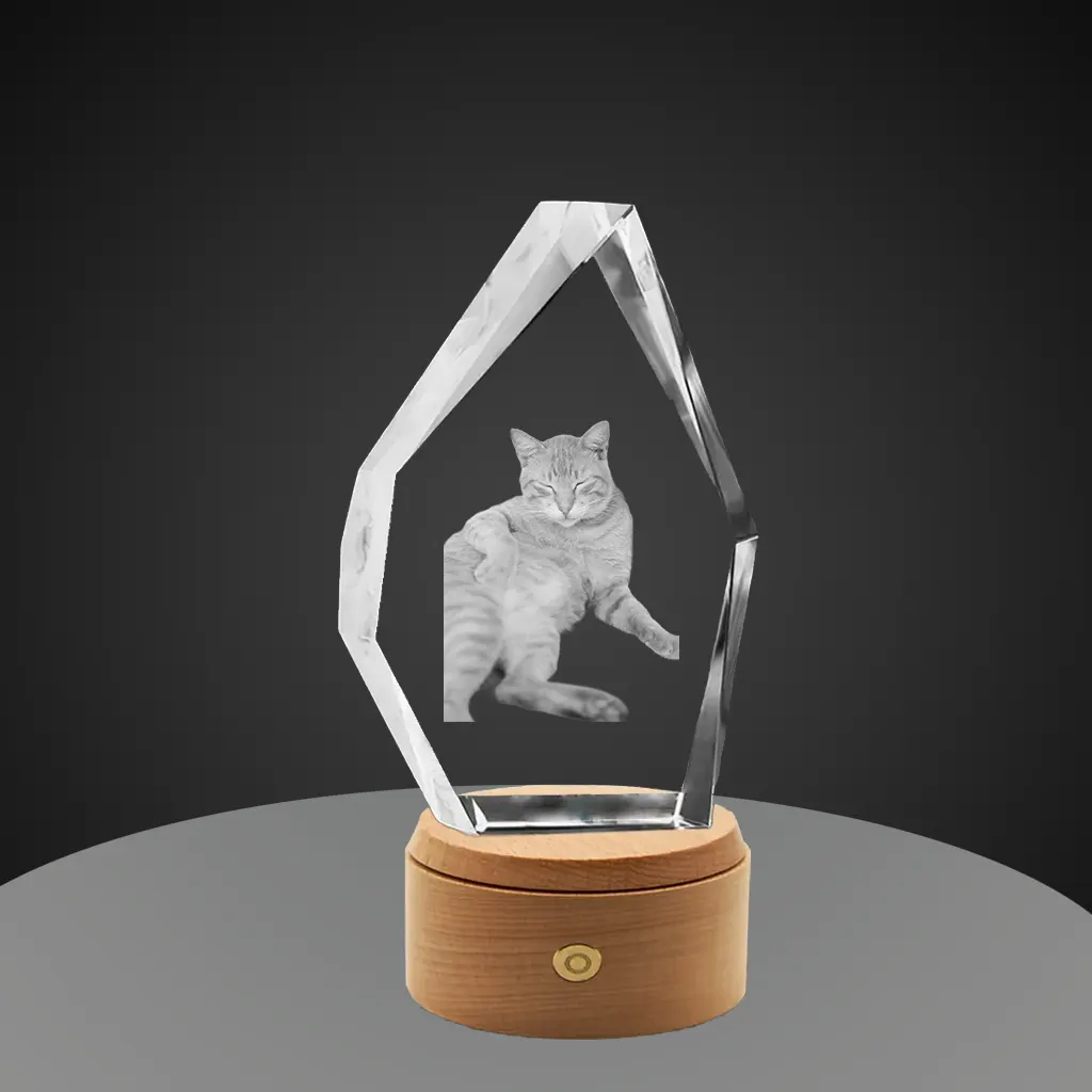 An iceberg-shaped crystal featuring a 3D laser engraving of a relaxed tabby cat lying on its back. The crystal is set on a round, wooden, rotating LED base with a touch control button, against a gray background.