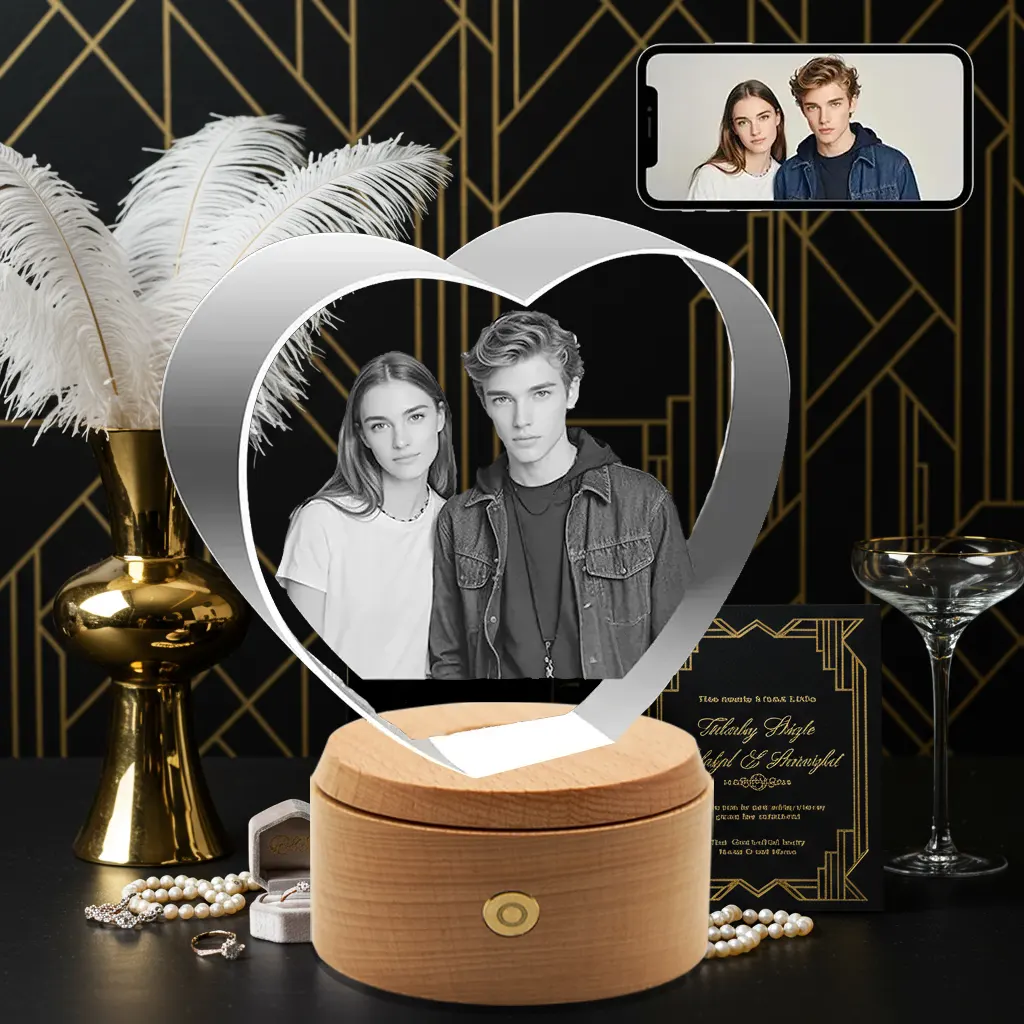 A heart-shaped 3D photo crystal engraved with a stylish young couple's portrait, displayed as a chic wedding gift amidst a glamorous Art Deco setting.