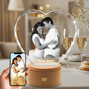 A diamond-cut heart-shaped 3D photo crystal, which can be custom engraved with a family portrait, as a meaningful gift for a child's Baptism, Christening, or First Communion.