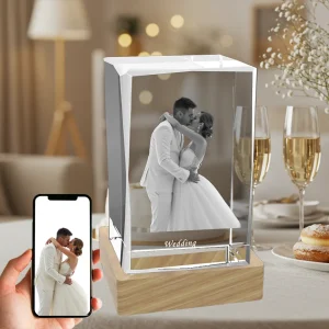 A vertical rectangular 3D photo crystal, customizable with a child or family portrait, as a personalized gift for a Baptism, Christening, or Confirmation.
