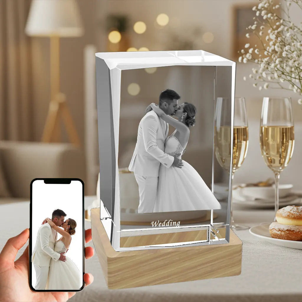 A vertical rectangular 3D photo crystal, customizable with a child or family portrait, as a personalized gift for a Baptism, Christening, or Confirmation.