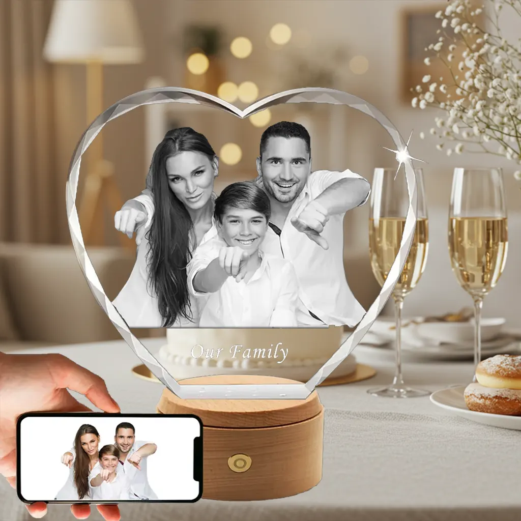 A diamond-cut heart-shaped 3D crystal, engraved with a joyous family portrait, as a commemorative gift for a child's Baptism, Christening, or First Communion.