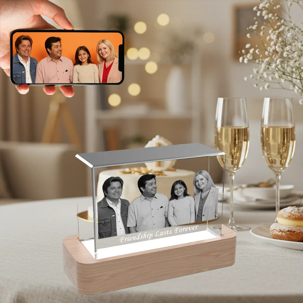 A horizontal 3D photo crystal, personalized with a family and godparents' photo, as a commemorative gift for a Baptism or Christening day.