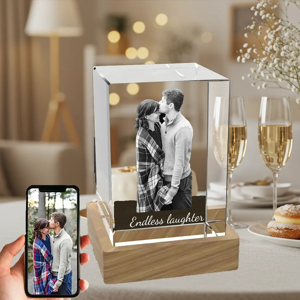 A vertical rectangular 3D photo crystal, customizable with a child's portrait or family photo, as an ideal keepsake for a Baptism or First Communion celebration.