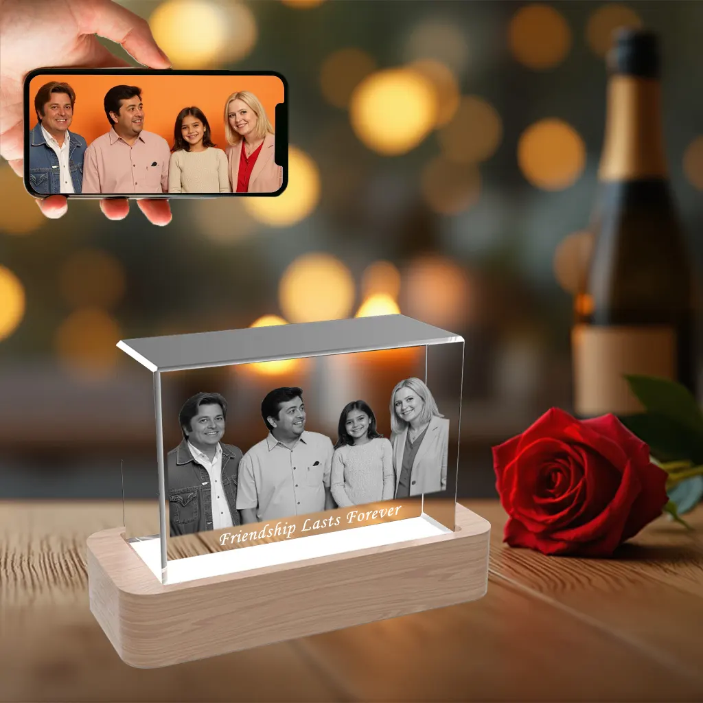A horizontal 3D crystal block engraved with a photo of four friends and the text "Friendship Lasts Forever," resting on a wooden LED light base, as a perfect gift for friends.