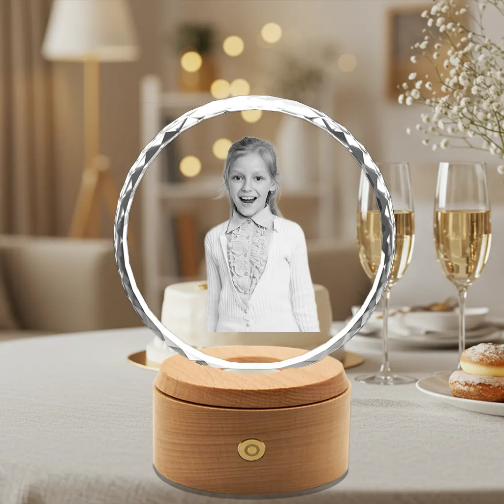 A round, sunflower-faceted 3D photo crystal, engraved with the portrait of a happy young girl, as a beautiful gift for her Baptism, Christening, or First Communion.