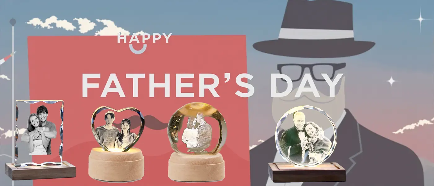 A Father's Day banner featuring a collection of personalized 3D photo crystal gifts, with the text 'Happy Father's Day' and a stylish illustration of a father figure in the background.