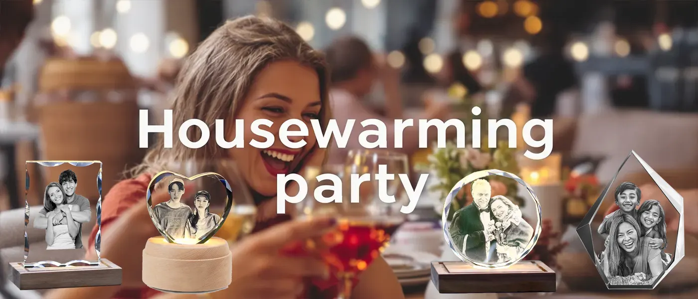 A collection of custom 3D photo crystal gifts, set against the backdrop of a lively 'Housewarming party' celebration, perfect for a new home.