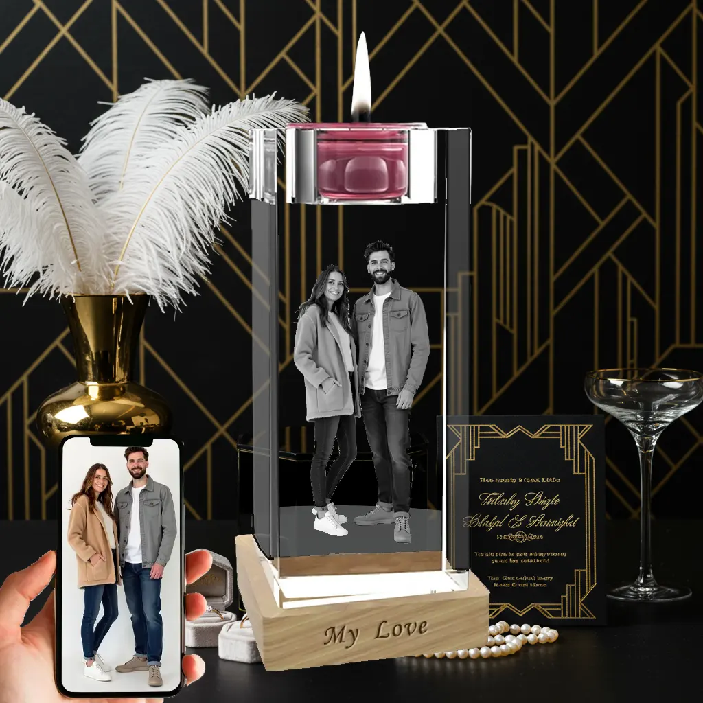 A 3D photo of a couple is engraved within a crystal candle holder, which is set on a wooden base engraved with "My Love". A lit candle sits on top, and a phone showing the original photo is held nearby against a glamorous art deco background.