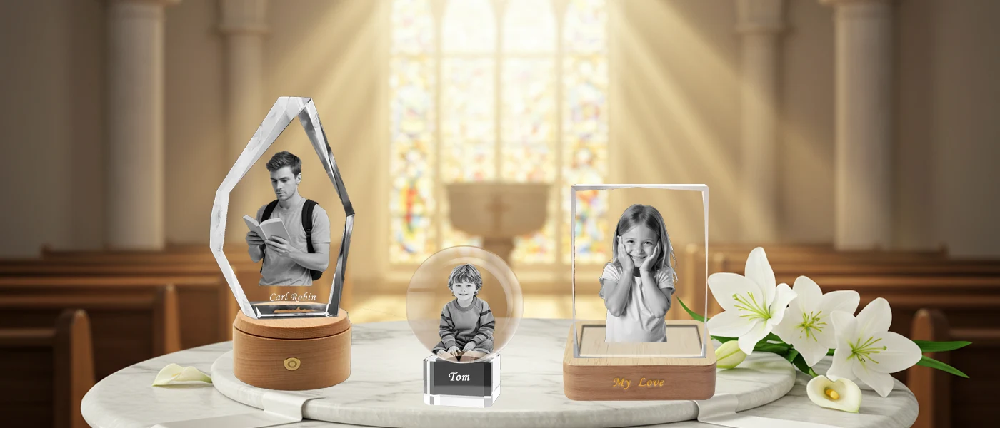 A collection of personalized 3D photo crystal keepsakes displayed on a marble altar in a serene church setting, with divine light rays and white lilies, symbolizing a baptism or christening gift.