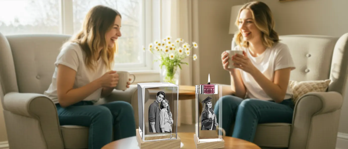 A personalized 3D photo crystal and a crystal candle holder, featuring a couple's portrait and a graduation photo, sit on a table in a sunlit living room where two friends are happily chatting.