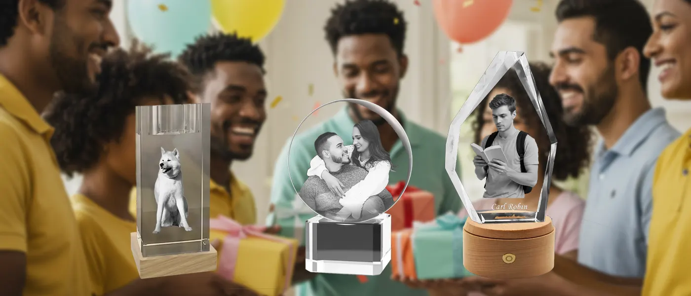 A collection of personalized 3D photo crystal gifts, featuring portraits of a pet dog, a couple, and an individual, being presented at a joyful party among friends.