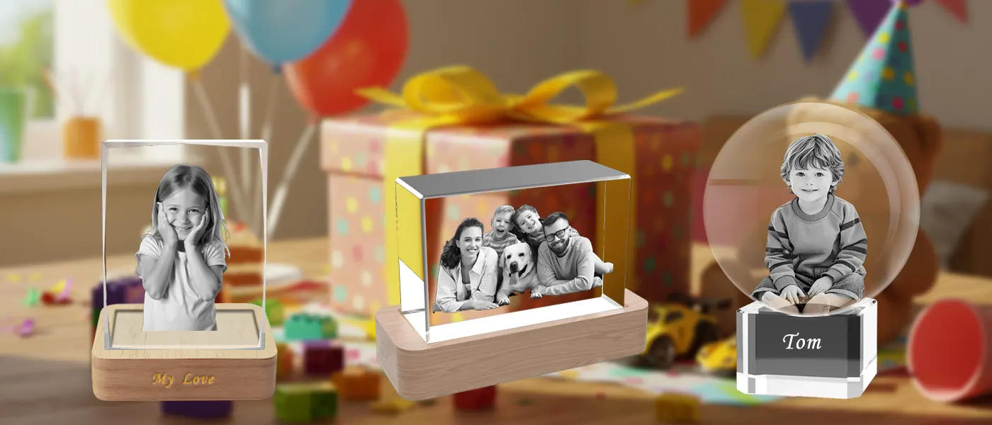 A vibrant birthday party scene featuring a collection of personalized 3D photo crystal gifts, showcasing portraits of a young girl, a boy, and a family, with a large gift box and colorful balloons in the background.