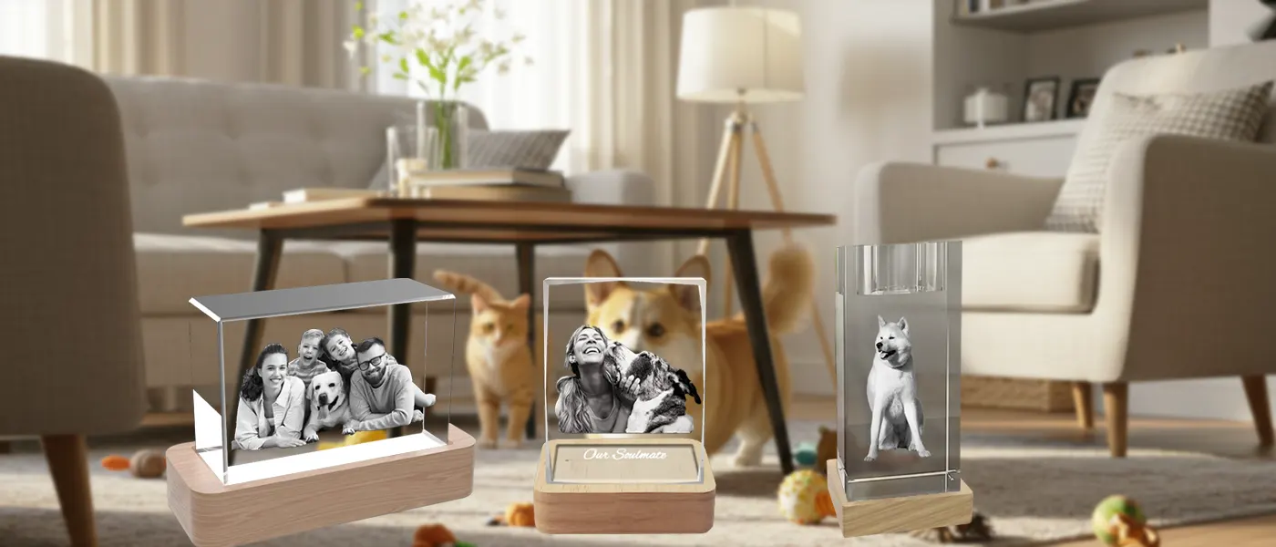 A heartwarming collection of personalized 3D photo crystal gifts for pet lovers, showcasing portraits of pets with their families, set in a cozy, sunlit living room filled with cats and dogs.