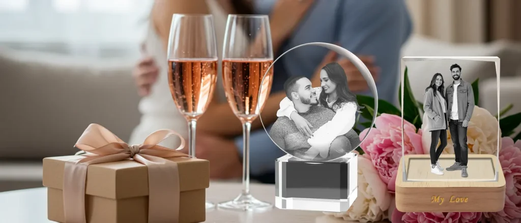 A romantic gift setting featuring two personalized 3D photo crystals with couple portraits, placed next to a gift box, glasses of champagne, and pink peonies, perfect as a gift for him.