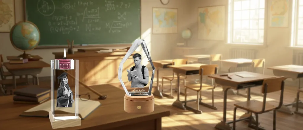 Two personalized 3D photo crystal gifts, featuring student portraits, are displayed on a teacher's desk in a sunlit, classic classroom setting as a teacher appreciation gift.