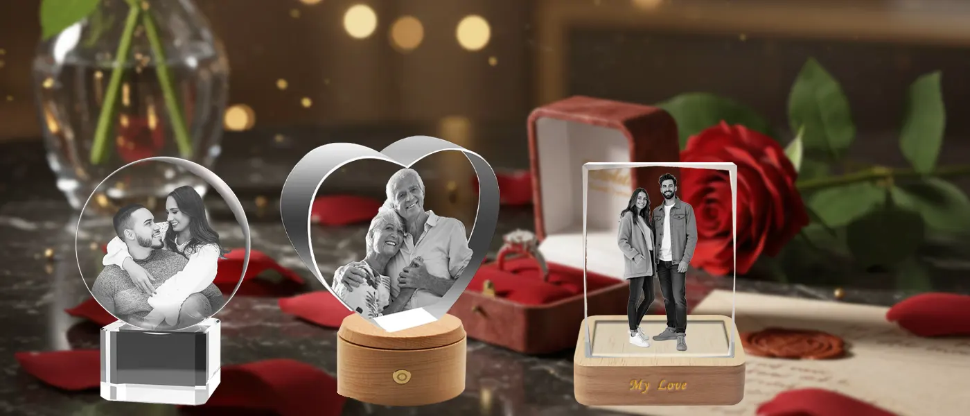 A romantic scene paying tribute to everlasting love, showcasing custom 3D photo crystal gifts with couple portraits, adorned by a proposal ring in a box and a red rose.