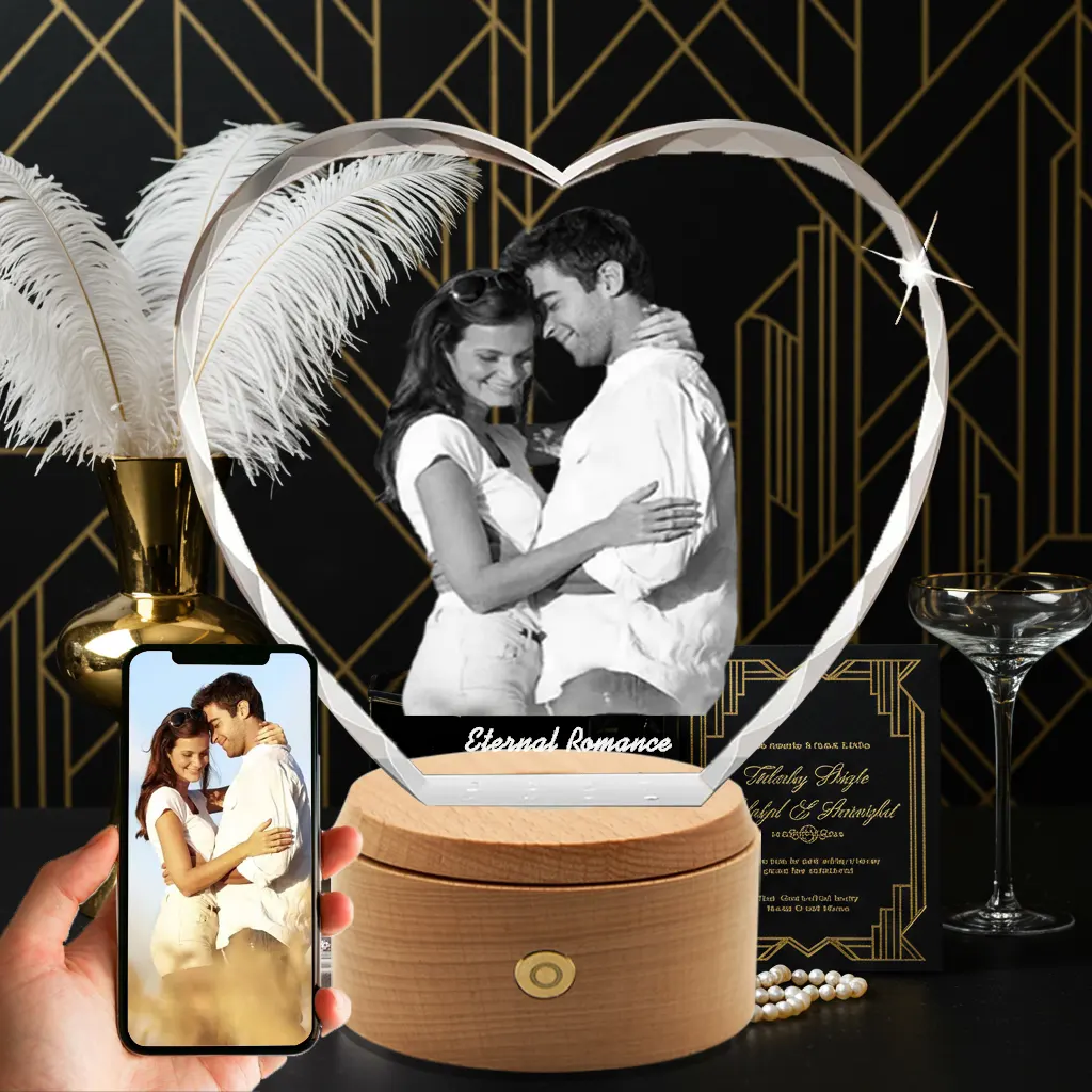 A diamond-cut heart-shaped 3D photo crystal, engraved with a romantic couple and "Eternal Romance," displayed as a luxurious wedding gift in a glamorous Art Deco setting.