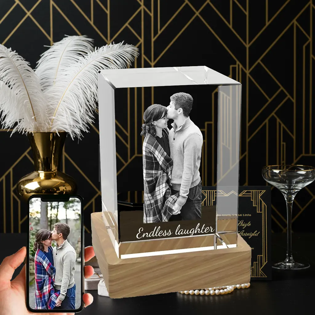 A vertical rectangular 3D photo crystal, engraved with a tender couple's portrait and "Endless laughter," displayed as a luxurious wedding gift in a glamorous Art Deco setting.