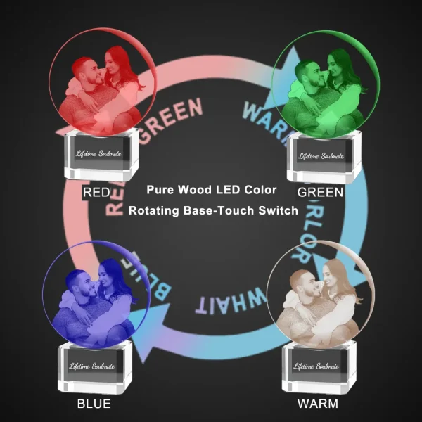 Collage of a YiYues 3D crystal ball with a 'Lifetime Soulmate' couple's photo, on a crystal LED base, demonstrating the touch-activated color options: red, green, blue, and warm light.