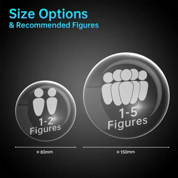 Size guide for YiYues 3D photo crystal balls, comparing the 80mm diameter sphere for 1-2 figures against the 150mm diameter sphere for 1-5 figures.