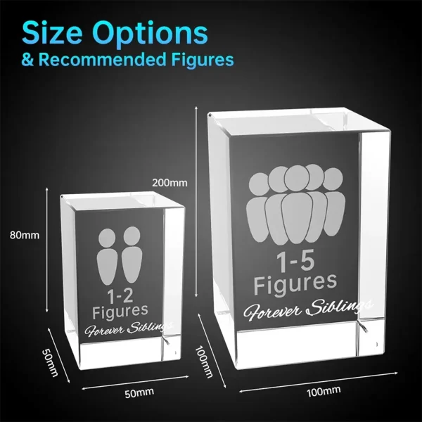 Size comparison chart for the YiYues 3D Rectangular Crystal Block, showing Small (for 1-2 figures) and Large (for 1-5 figures) options with their dimensions.