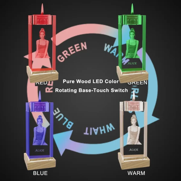 Collage of a YiYues 3D photo crystal candle holder on a black square LED base, demonstrating the touch-activated color options: red, green, blue, and warm light.