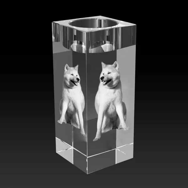A YiYues personalized 3D crystal candle holder, featuring a custom 3D engraved photo of a dog, shown against a stark black background.