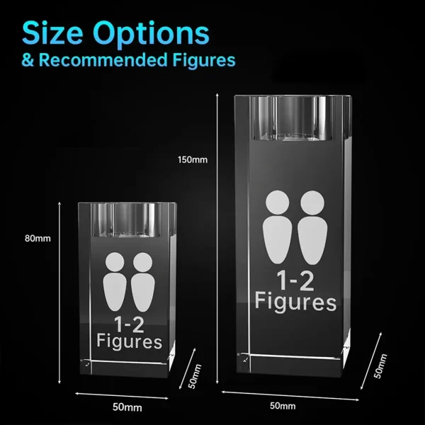 Size comparison chart for YiYues 3D photo crystal candle holders, showing a small 80x50x50mm block and a tall 150x50x50mm block, both recommended for 1-2 figures.