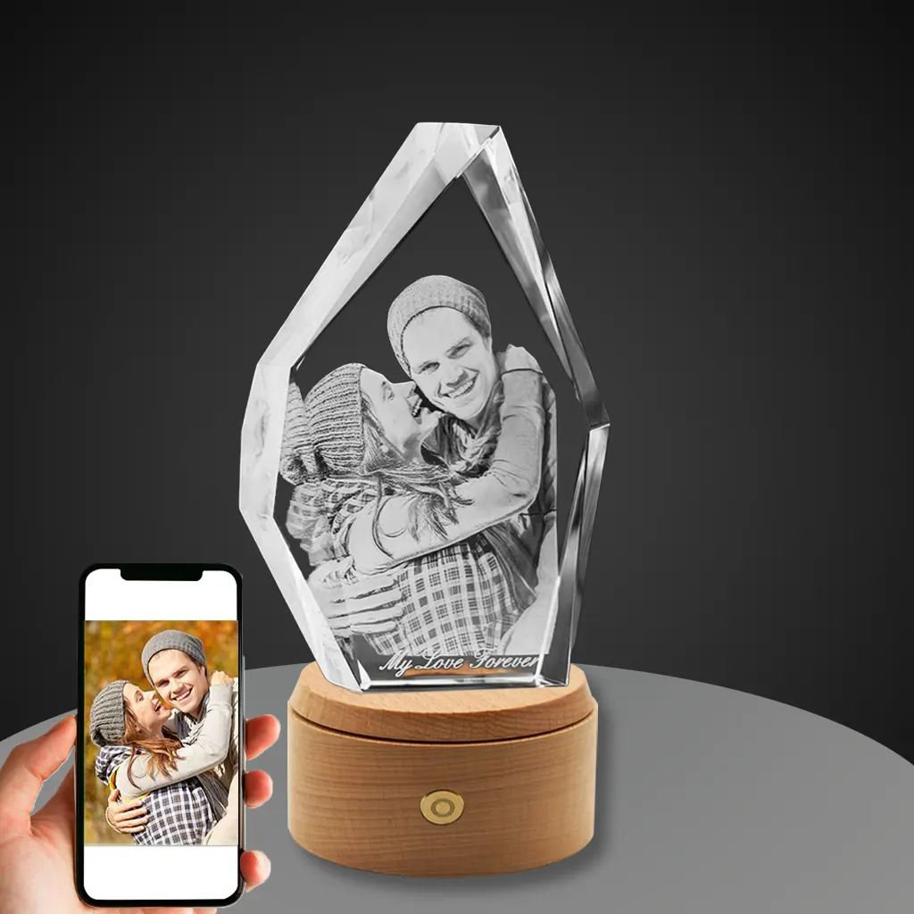 YiYues Personalized 3D Crystal in a unique iceberg shape, featuring a custom photo of a couple and the engraving 'My Love Forever' on a wooden LED base.