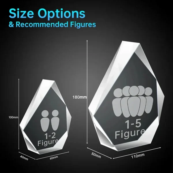 Size comparison chart for the YiYues 3D Iceberg Crystal, showing Small (for 1-2 figures) and Large (for 1-5 figures) options with their dimensions in millimeters.