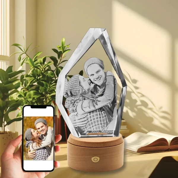 YiYues Personalized 3D Crystal in a modern iceberg shape on a wooden LED base, displayed as home decor on a sunlit desk with the engraving 'My Love Forever'.