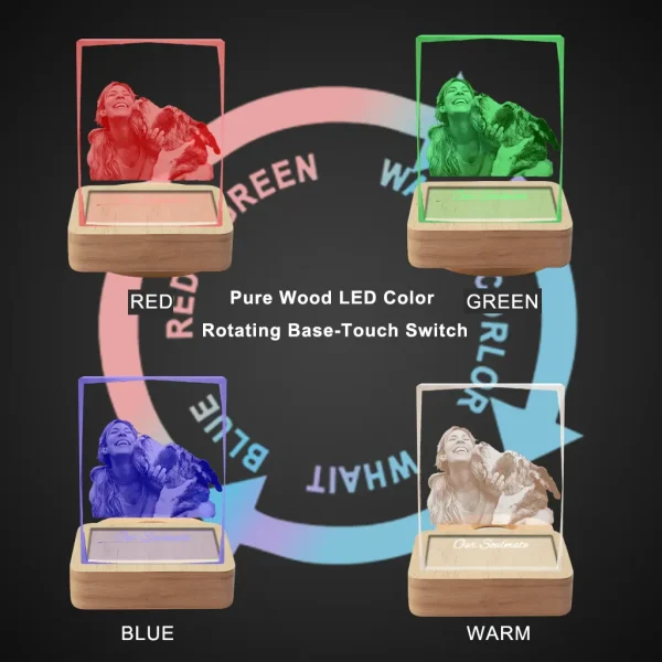 Collage of a YiYues 3D deckle-edge crystal with a pet photo, on a pure wood LED base, demonstrating the touch-activated color options: red, green, blue, and warm light.