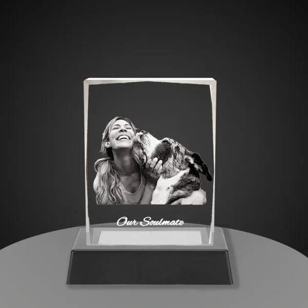 A YiYues personalized 3D deckle-edge crystal block featuring a heartwarming photo of a woman and her dog, with 'Our Soulmate' engraved, on a lighted black base.