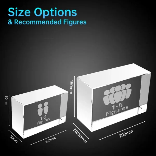 Size comparison guide for YiYues horizontal 3D crystal blocks, showing a small 120x80x30mm block for 1-2 figures and a large 200x150mm block for up to 1-5 figures.