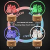 Collage of a YiYues 3D Sunflower Crystal with a family photo, on a pure wood LED base, demonstrating the touch-activated color options: red, green, blue, and warm light.