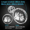 Infographic comparing the detail levels of small and large YiYues 3D Sunflower Crystals. It shows the large crystal uses up to 9 million laser dots for greater detail, compared to 2 million in the small one, using a family photo as an example.