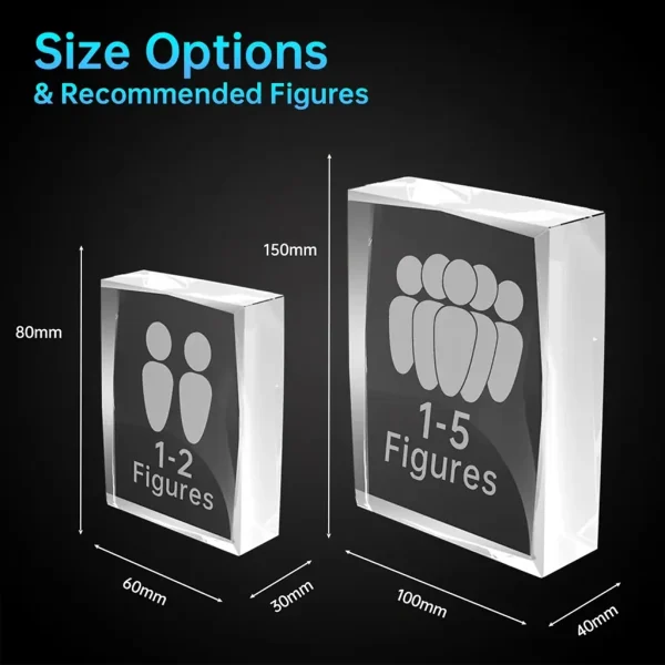 Size comparison guide for YiYues 3D vertical crystal blocks, showing a small 80x60x30mm block for 1-2 figures and a large 150x100x40mm block for 1-5 figures.