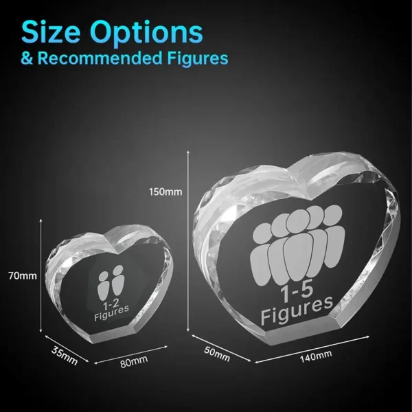 Size comparison chart for the YiYues Faceted 3D Crystal Heart, showing Small (for 1-2 figures) and Large (for 1-5 figures) options with their dimensions.
