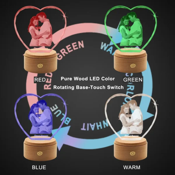 Infographic showcasing the features of the YiYues wooden LED base for the faceted crystal, including its rotating function, touch switch, and multi-color light options (red, green, blue, warm).
