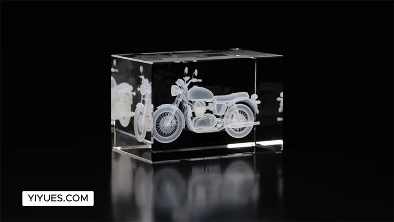 A detailed 3D laser engraved motorcycle inside a rectangular K9 crystal photo gift from Yiyues