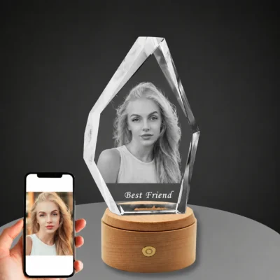 Original family birthday photo beside the finished personalized 3D crystal